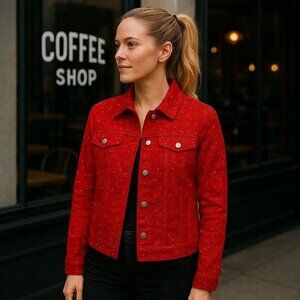 True Red Sequined Sprinkled Jeans Styled Jacket - No Labels but measures size L